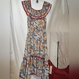 L'ATISTE Floral Midi Dress with Red Trim